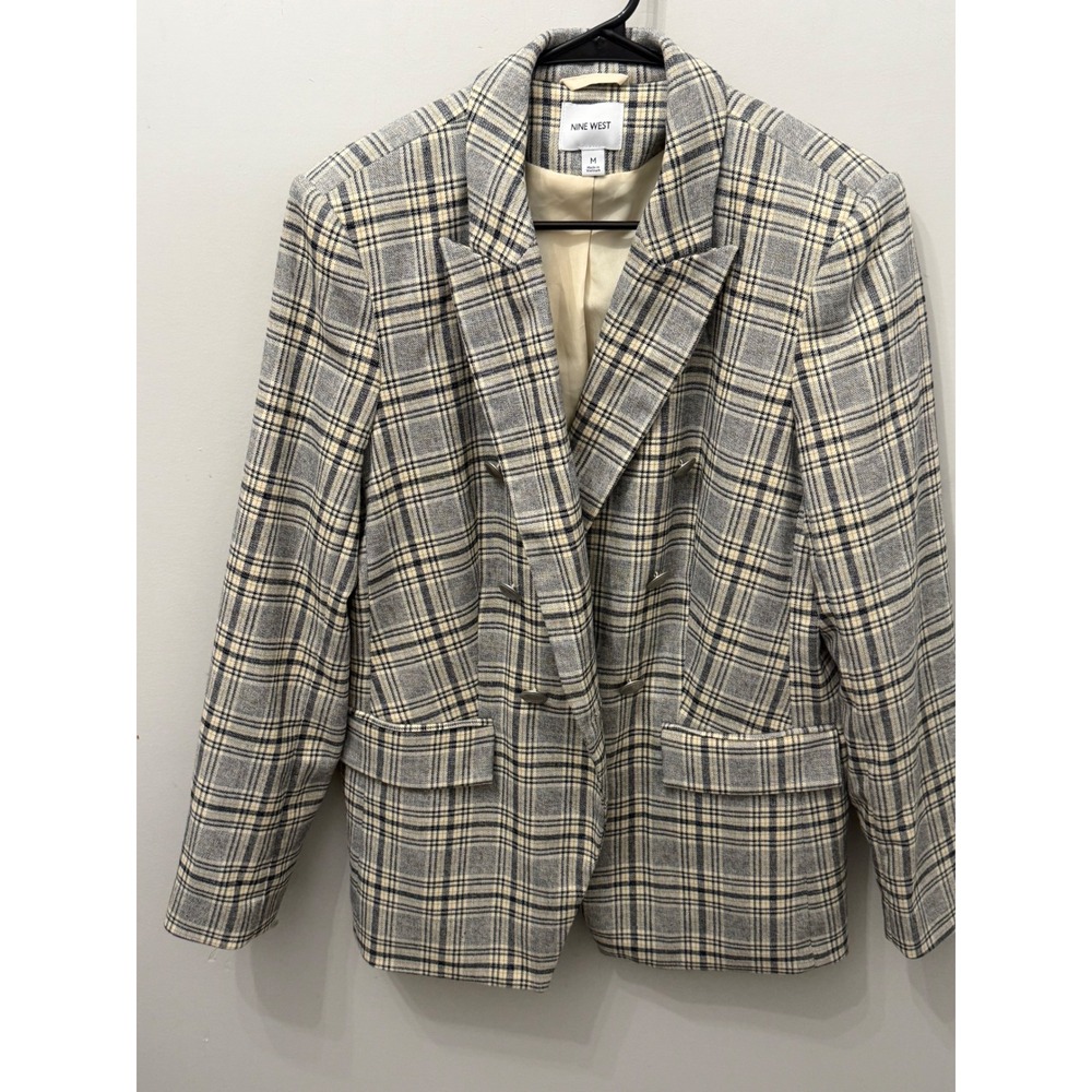 Nine West Women's Size M Gray Yellow Tartan Plaid Double Breasted Blazer Jacket